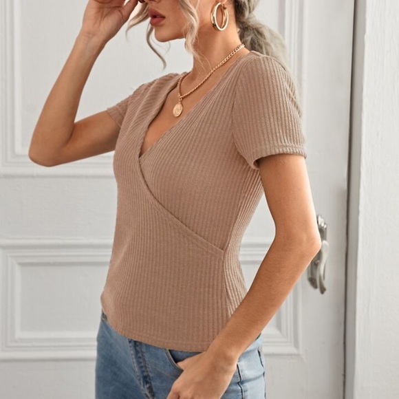 SHEIN Women’s Rib-Knit Surplice Neck Soft Pleated Short-Sleeve Top - tan, size S - Picture 2 of 7